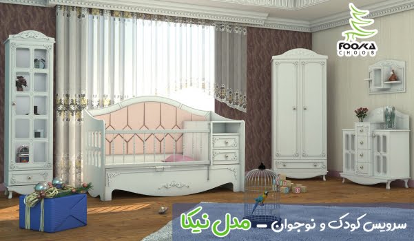 سرویس تخت و کمد نوزاد مدل نیکا با رنگ سفید برای دکوراسیون اتاق کودک