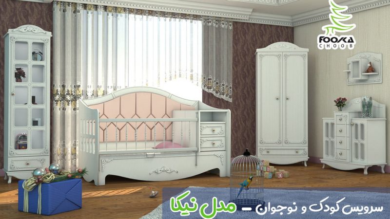 سرویس تخت و کمد نوزاد مدل نیکا با رنگ سفید برای دکوراسیون اتاق کودک