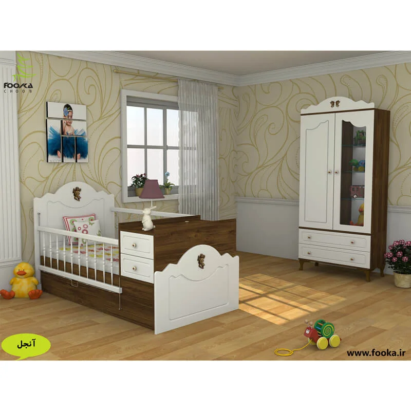 تخت و کمد نوزاد مدل آنجل رنگ قهوه ای و سفید
