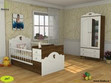 یک نمونه اتاق نوزاد دارای تخت و کمد نوزاد با جنسیت خنثی