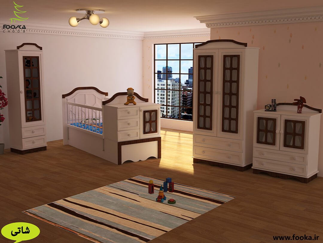 سرویس چوبی نوزاد با رنگ سفید و قهوه ای درون اتاق کودک پسر مدل شاتی