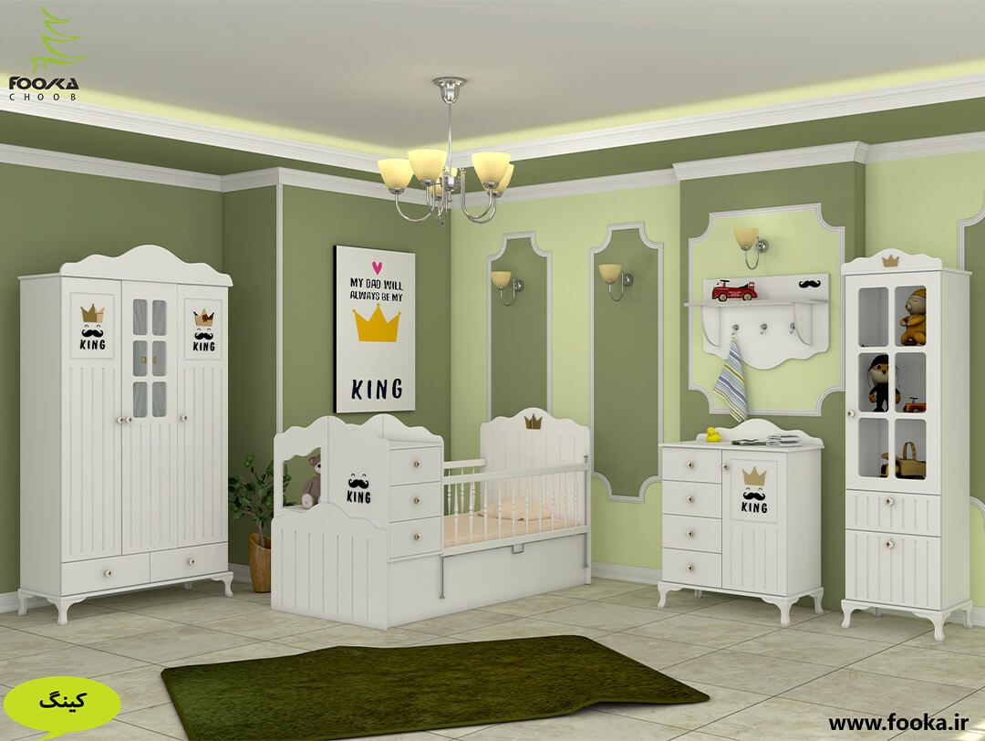 سرویس تخت و کمد نوزاد مدل کینگ دارای شلف اتاق کودک با تم اتاق سبز رنگ
